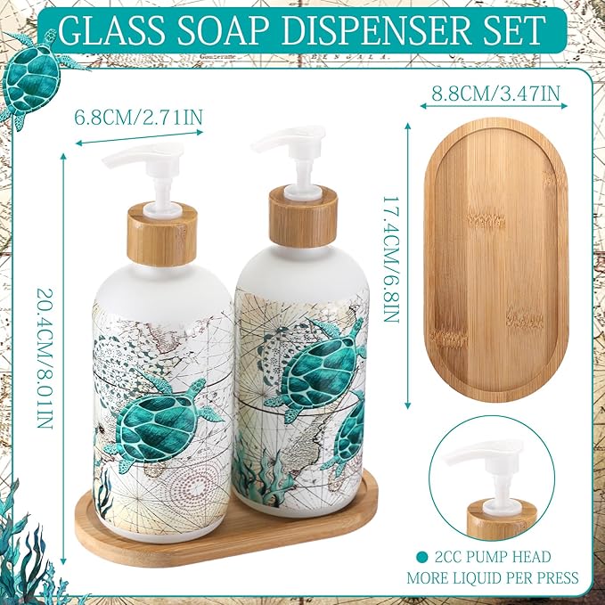 Potchen 2 Pack Glass Soap Dispenser Set Bathroom Decor Housewarming Gift Glass Soap Dispenser with Pump Wood Tray Home Decoration for Kitchen Bathroom(Sea Turtle)