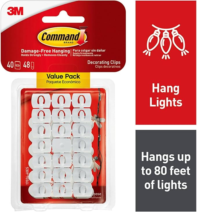 Command Decorating Clips,40 Clips and 48 Strips,Damage-Free Hanging Light-Clips with Adhesive Strips,No Tools Small Wall Clip for Hanging Lights and Cables,(Pack of 12)