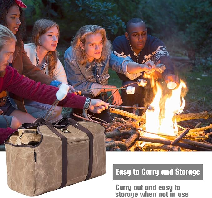 Waxed Canvas Log Carrier Tote Bag, Extra Large Durable Firewood Holder with Handles and Shoulder Strap, Heavy Duty Wood Carrying Bag for Fireplaces & Wood Stoves Khaki