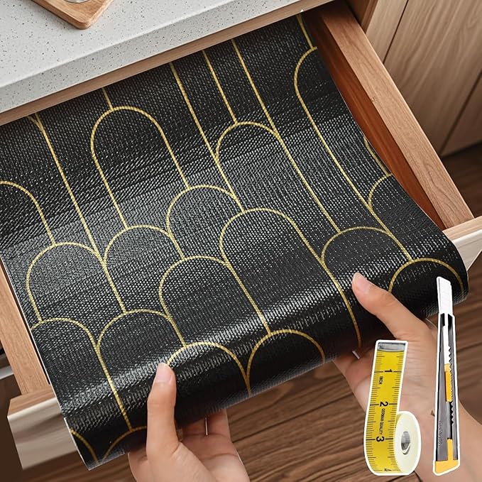 Shelf Liners for Kitchen Cabinets Drawer Liner 12in x 30FT Non Adhesive Black Gold Line Thickened Refrigerator Shelf Liner Paper Strong Easy to Clean for Tool Box with Knife and Tape Measure
