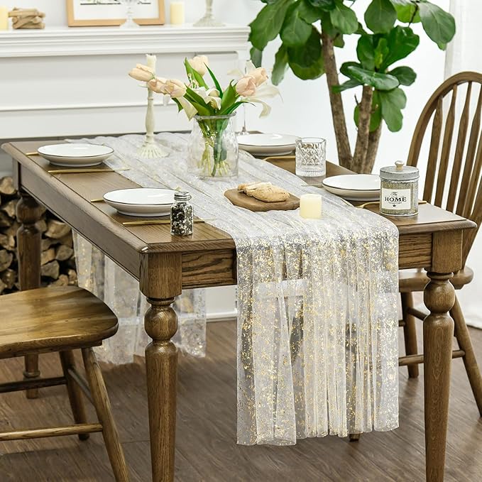Horaldaily Beige Gold Gauze Tablecloth 60x140 Inch Rectangular, Golden Sequin Glitter Metallic Foil, Sheer Tulle Cheesecloth for Wedding Baby Shower Ceremony Birthday