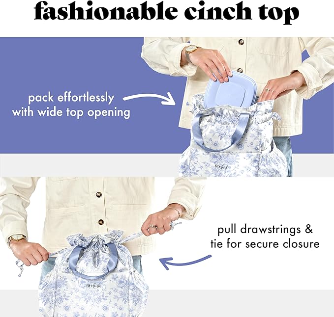 Fit & Fresh Cromwell Drawstring Lunch Bag for Women, Complete Lunch Set with 2 Containers, Stain-Resistant, Leak-Resistant, Back to School Essential, Teacher Lunchbox, Cornflower Floral Toile