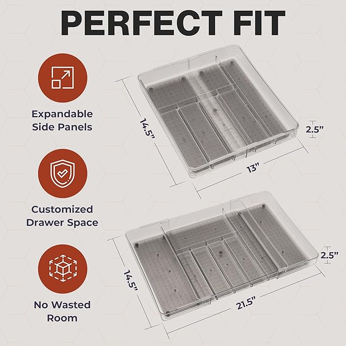 Masirs Expandable Utensil Drawer Organizer - BPA-Free Plastic Clear Silverware Tray with Multiple Compartments - Non-Slip Cutlery Storage for Kitchen, Bathroom, or Office Drawers (Grey)