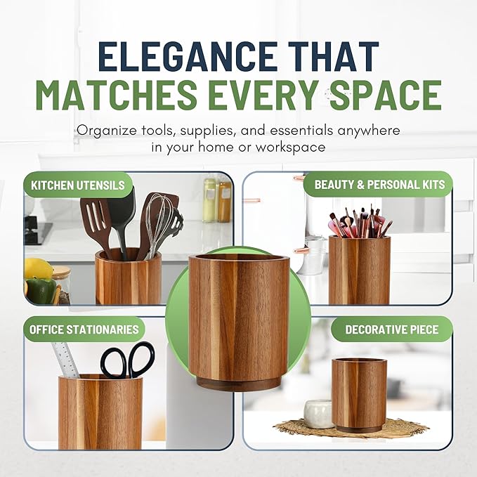 Linda's Essentials Acacia Wooden Utensil Holder for Kitchen Counter, 7.2" Wood Utensil Holder Counter, Kitchen Utensils Holder with 360° Rotation, Non-Slip Large Utensils Holders, Spatula Holders