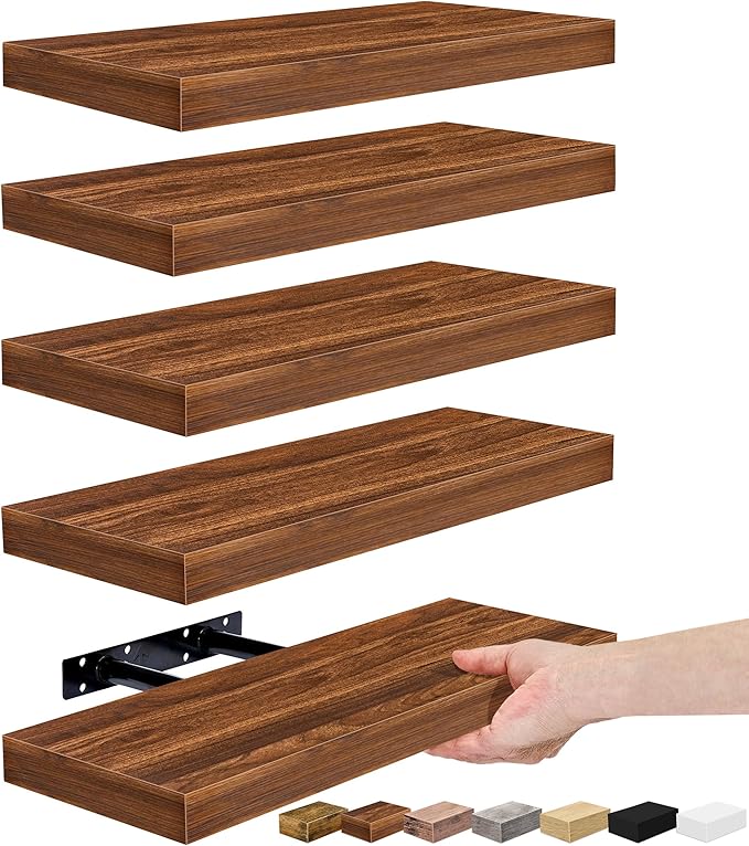Sorbus Floating Shelves for Wall, Bathroom Shelves Wall Mounted for Kitchen, Bedroom, Living Room, Bathroom Storage, Over Toilet, Hanging Bookshelf for Wall Home Decor (Walnut, 5 Pack)