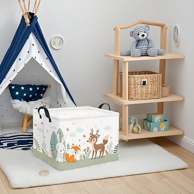 Rectangular Kids Storage Basket Baby Storage Basket with Handles for Home Kitchen Boys and Girls Cute Toy Storage Bin Organizer Shelf Book Room Decor(Flower Animal)