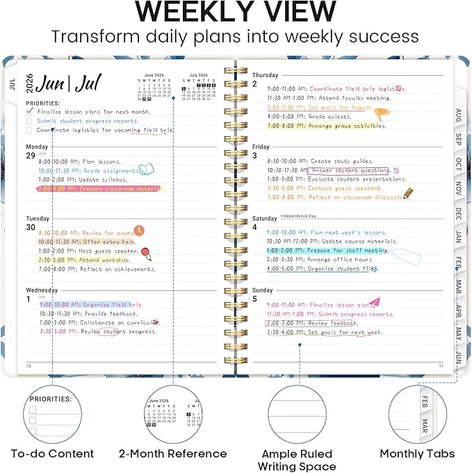 Academic Planner 2026-2027, Weekly and Monthly Calendar Book, July 2026 – June 2027, Hardcover Planner with Tabs, Perfect for Teachers, Students, Women & Men, A4 (8.5" x 11") - Watercolor Petal