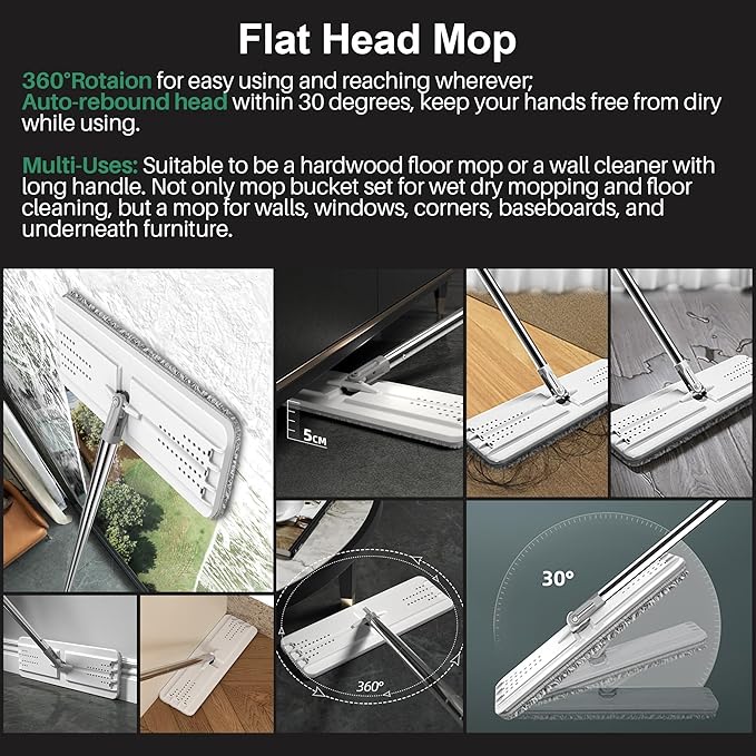 JOYMOOP Mop and Bucket Set, White Flat Mop with Long Handle for Floor & Wall Cleaning, Wet & Dry Use, Hardwood Floor Cleaner, Ideal for Household & Commercial Use, 5 Microfiber Pads Included