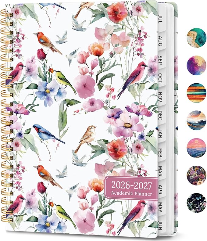 Academic Planner 2026-2027, Weekly and Monthly Calendar Book, July 2026 – June 2027, Hardcover Planner with Tabs, Perfect for Teachers, Students, Women & Men, A5 (6.4" x 8.5") - Songbird Bloom
