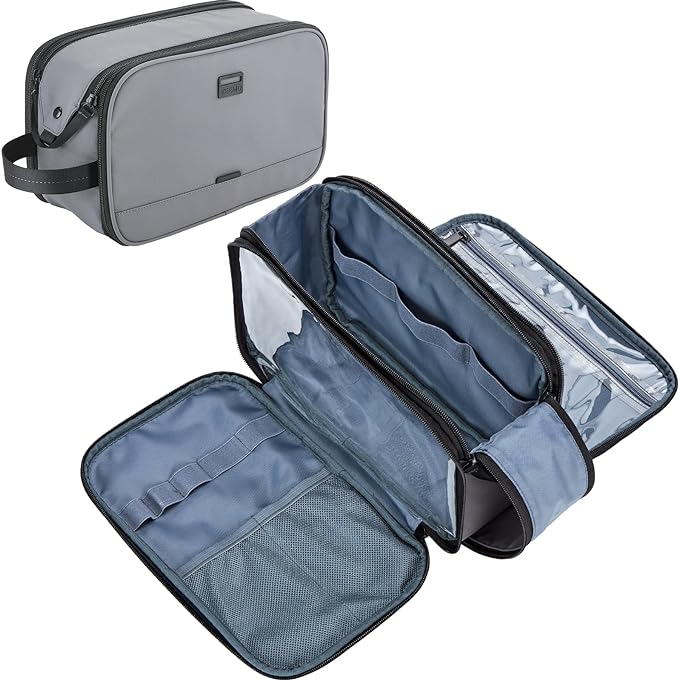 ZEEMO Travel Toiletry Bag for Men, Medium Water-Resistant Double-Sided Full-Open Dopp Kit, Versatile Organizer for Shower and Hygiene Accessories, Bathroom Essentials, Cosmetics, Grey