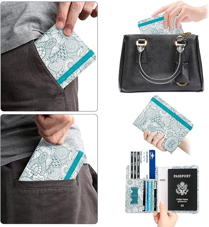 WALNEW Passport Holder for Travel, RFID Passport Cover Wallet for Women Men, PU Leather Passport Book Card Holder Case with Pen (Elastic Band Closure, D-Green Petals)