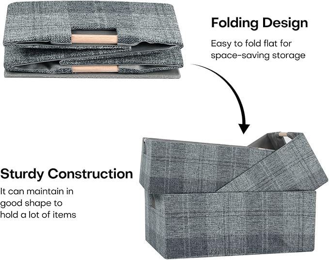 Fabric Storage Bin Box Collapsible Cotton Linen Storage Cube with Wooden Handles Rectangular Decorative Home Organizer Clothes Blanket Basket– Dark Gray Plaid, Small
