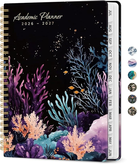 Planner 2026-2027, Academic Monthly and Weekly Calendar Planner for Women, July 2026 - June 2027, Hardcover Pretty Agenda Planner Book with Tabs, Spiral Daily Organizer for School Office Home Supplies, 6.3" x 8.5" - Coral Dream