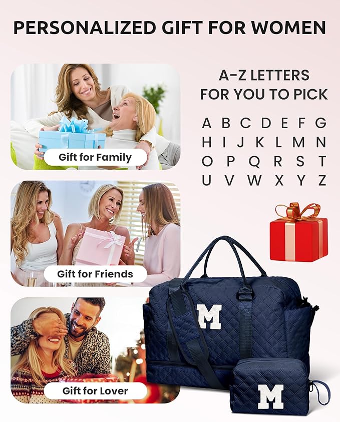 Bags for Women College Gifts - Initial Duffle Bag with Shoe Compartment, Weekender Bag, Monogram Overnight Bag, Letter Travel Bag with Makeup Bag, Bachelorette Gifts for Bride (Letter Q)