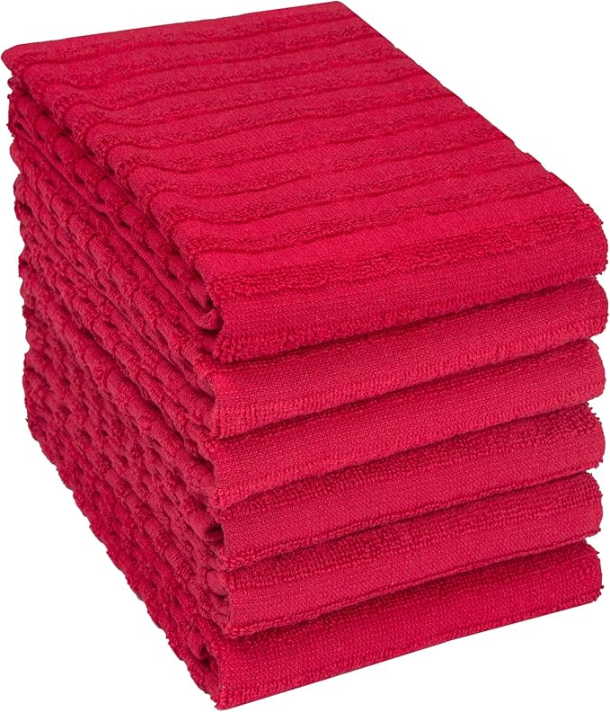 Premium Kitchen Towels (20”x 28”, 6 Pack) | Large Cotton Dish Towels 450 GSM | Highly Absorbent Terry Kitchen Linen Set with Hanging Loop | Red Solid