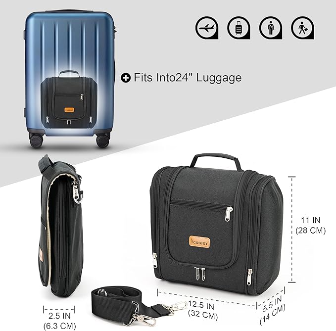 Hanging Travel Toiletry Bag for Women and Men, 6 Organizer Compartments, Large Toiletries Essentials, Bathroom Cosmetic Accessories, Water-resistant Makeup Bag, Holds Full-Size Shampoo, Black