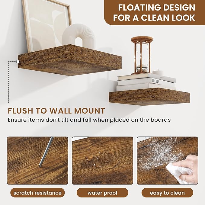 fuqing Floating Shelves for Wall, Wall Mounted Wood Floating Shelf with Invisible Brackets for Living Room, Bathroom, Bedroom, Kitchen Storage and Decor, 6.5 Inch Set of 3, Rustic Brown