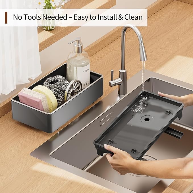 MOUKABAL Sponge Holder for Kitchen Sink – Rustproof Stainless Steel, 360° Rotating Drain Pipe, Large Counter Organizer with Drip Tray for Sponges, Brushes & Dish Cloths Grey