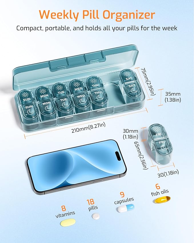 Daviky Weekly Pill Organizer 2 Times a Day, 7-Day AM PM Medicine Case, Travel-Friendly Pill Box for Fish Oils, Vitamins & Supplements