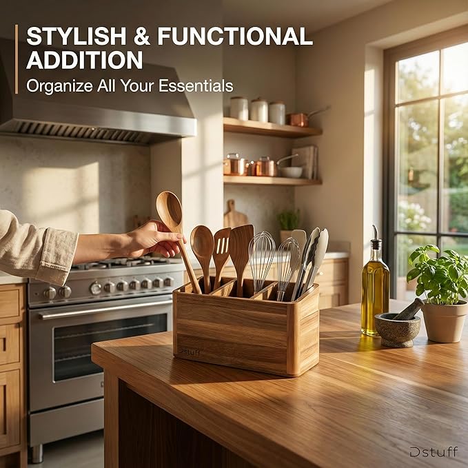 Dstuff Large Kitchen Utensil Holder Organizer for Counter or Countertop, Large Wooden Utensil Holder for Storage Cooking and Silverware with 3 Compartment, Acacia Rustic Wood Container Extra Large