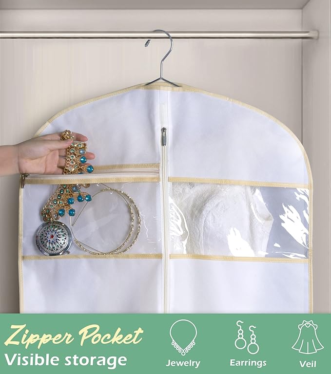 MISSLO 65" Bridal Wedding Gown Dress Garment Bag with Accessories Pouch Large Travel Garment Cover 8" Gusset (White)