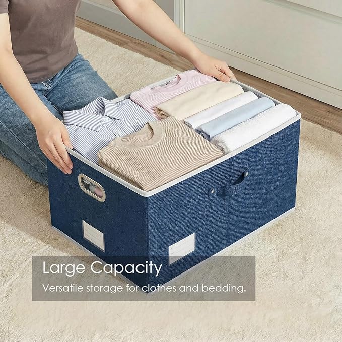 PRANDOM Storage Bins with Lids [3-Pack] Linen Fabric Foldable Storage Boxes Organizer Containers Baskets Cube with Cover for Bedroom Closet Office Royal Blue (23.4X15.9X11.4)