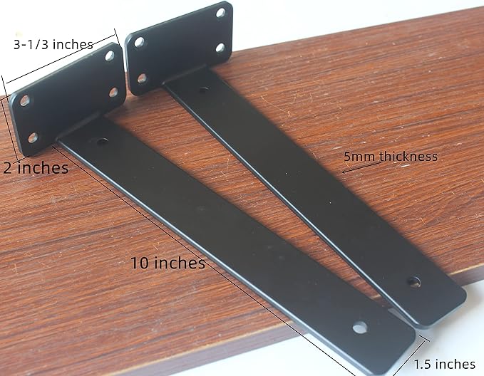 6 Pack - 10 inch Black Hidden L Shelf Bracket (1/5 Inch Thicked) Iron Floating Shelf Brackets Rustic Industrial Metal Brackets for Shelf Support