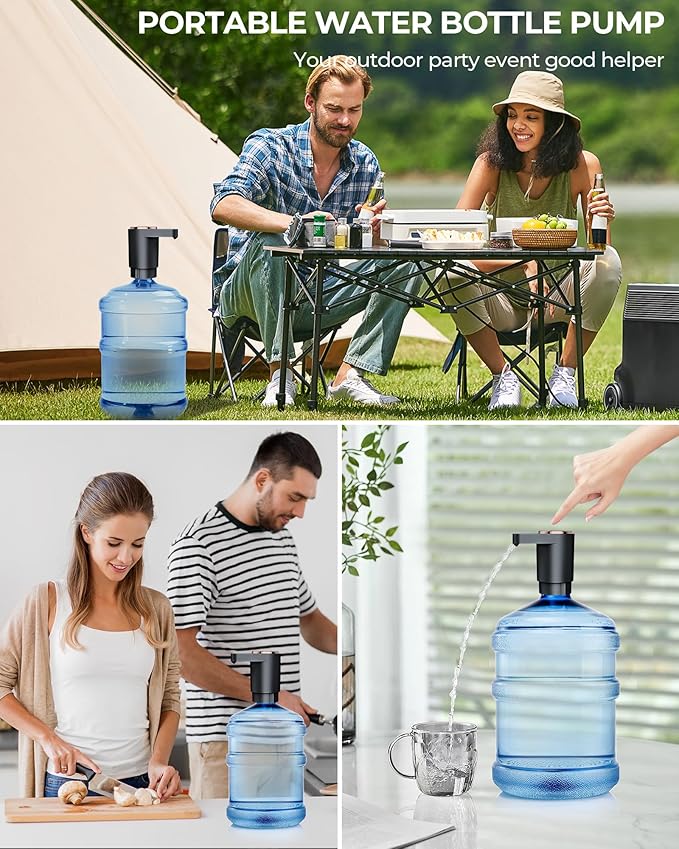Water Bottle Pump, Portable Electric Water Dispenser Pump for 5 Gallon Bottles - USB Charging, Automatic Switch, Rechargeable Battery for Home Kitchen Room Camping, Black