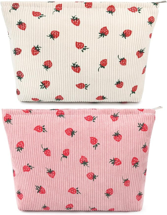 SOIDRAM 2 Pcs Cute Makeup Bag Large Cosmetic Bag Toiletry Bag Makeup Pouch Travel Bag Organizer Cute Makeup Brushes Aesthetic Accessories Storage Bag for Women Strawberry Pink Beige