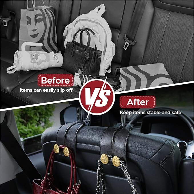 URIZZD 2PCS Leather Car Seat Hooks for Headrest, Vehicle Hanger Storage Organizer Universal for Handbag Purse, Car Accessories Gift (Black-Gold)