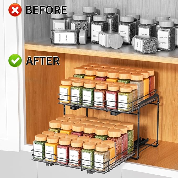RCHYFEED Spice Organization for Cabinet, 2 Tier Pull out Spice Rack Organizer for Inside Cabinets & Pantry, Slide out Heavy Duty Spice Shelf Rack for Kitchen Seasoning (11.5" Wx10.5 Dx9.5 H)