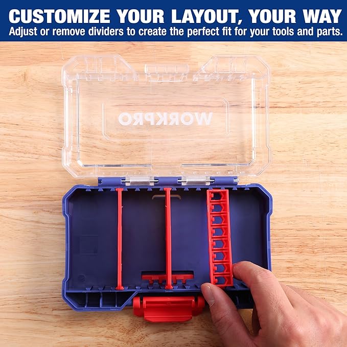 WORKPRO Small Parts Organizer 3 Pieces, Portable Stackable Hardware Storage Case with Removable Dividers, Clear Lid Tool Box Organizer for Screws, Bolts, Nails, Craft Supplies and Small Accessories