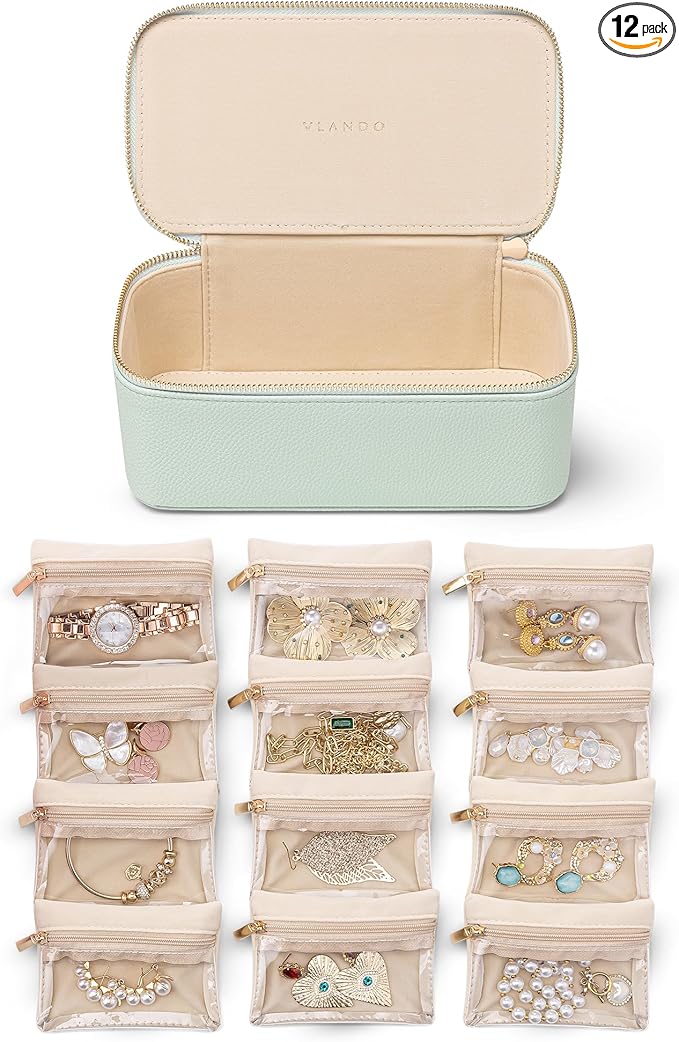 Vlando Jewelry Organizer with 12 Velvet Jewelry Bags, Travel Jewelry Case for Girls, Premium Petal Hardware Jewelry Box for Necklaces, Rings, Earrings, Bags, Birthday, Christmas Gifts for Self - Mint Green