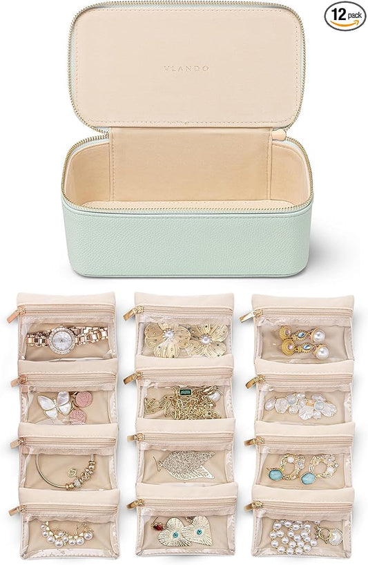 Vlando Jewelry Organizer with 12 Velvet Jewelry Bags, Travel Jewelry Case for Girls, Premium Petal Hardware Jewelry Box for Necklaces, Rings, Earrings, Bags, Birthday, Christmas Gifts for Self - Mint Green