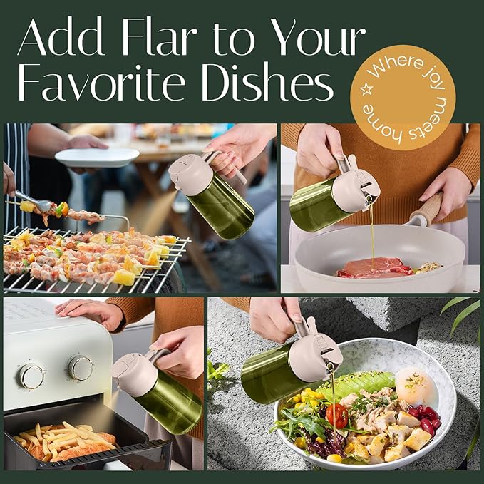 YARRAMATE 16oz/470ml Light-Blocking Dark Oil Sprayer for Cooking, 2 in 1 Olive Oil Dispenser Bottle for Kitchen,Dark Green Glass Oil Bottle, Food-Grade Oil Mister for Air Fryer, BBQ (LotusRootPink)