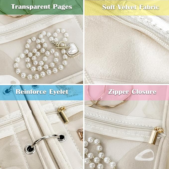 Travel Jewelry Organizer Case, Small Jewelry Bags for Traveling, Jewelry Binder with 24 Pcs Clear Zipper Velvet Pouches (Pink)
