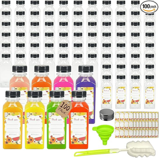 100 Pack 12oz Clear Reusable Plastic Juice Bottles with Caps, Food Grade BPA-Free Leak Proof Juicing Containers with 108 Labels & brush& Silicone Funnels for Homemade Juice, Smoothies & Travel