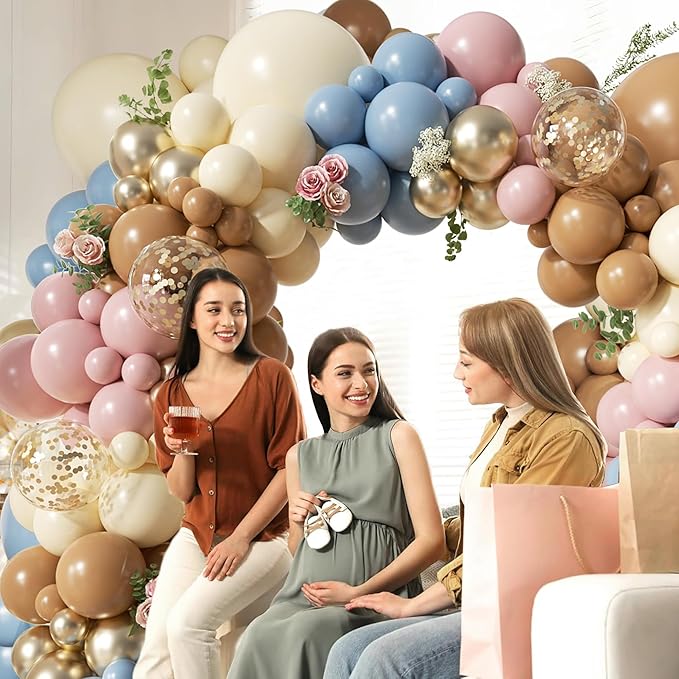 Woaipati 148Pcs Dusty Pink Blue Brown Yellow Balloon Arch Garland Kit, Retro Pink Dusty Blue Brown Pastel Yellow Gold Confetti Balloons for Baby Shower Wedding Engagement Birthday Party Decorations