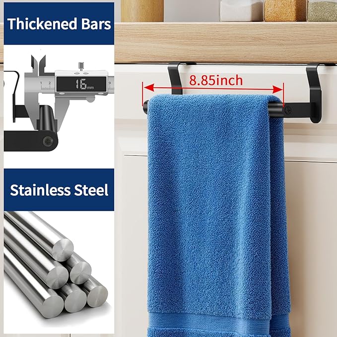 Over Cabinet Towel Holder, 2 Pack Over The Cabinet Doors Towel Rack Bars for Kitchen, Stainless Steel Dish Towel Holder (Black)