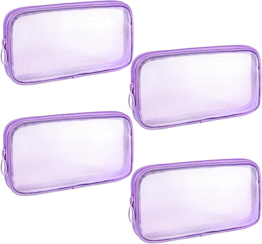4 Pieces Mini Zipper Nylon Mesh Pouch, Mesh Cosmetic Bags Makeup Bags, Multipurpose Travel Toiletry Bags for Office Supplies and Travel Accessories (Purple, M)