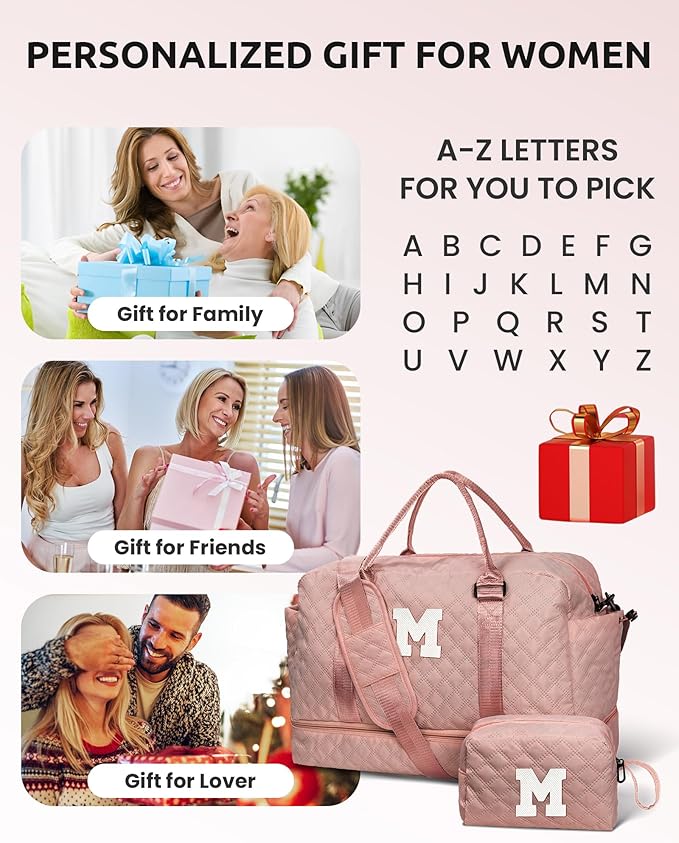 Gifts for Mom - Personalized Initial Duffle Bag with Shoe Compartment, Monogram Weekender Bag, Overnight Travel Bag with Makeup Pouch
