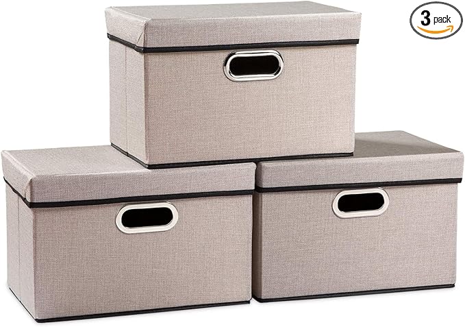 PRANDOM Foldable Storage Bin with Lid [3-Pack] Linen Fabric Decorative Storage Box Organizer Container Basket Cube with Handles Divider for Closet Office Living Room Light Grey (14.9x9.8x9.8)