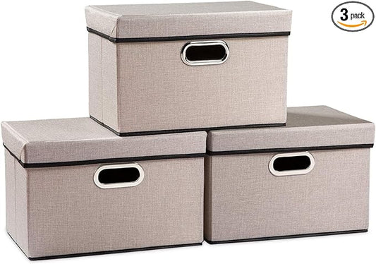 PRANDOM Foldable Storage Bin with Lid [3-Pack] Linen Fabric Decorative Storage Box Organizer Container Basket Cube with Handles Divider for Closet Office Living Room Light Grey (14.9x9.8x9.8)