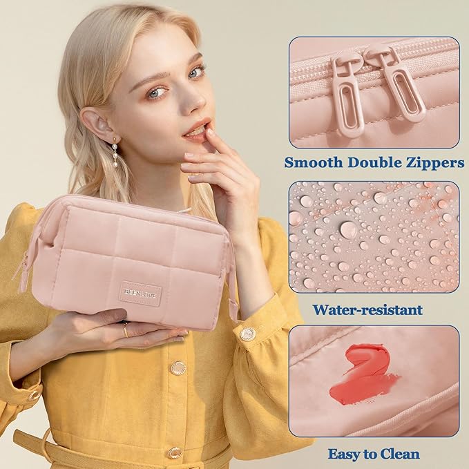 Makeup Bag Travel Toiletry Bag - Puffy Padded Make Up Bag, Waterproof Cosmetic Bag with Multiple Compartments, Wide-open Makeup Pouch for Cosmetics, Toiletries, and Travel Essentials, Pink