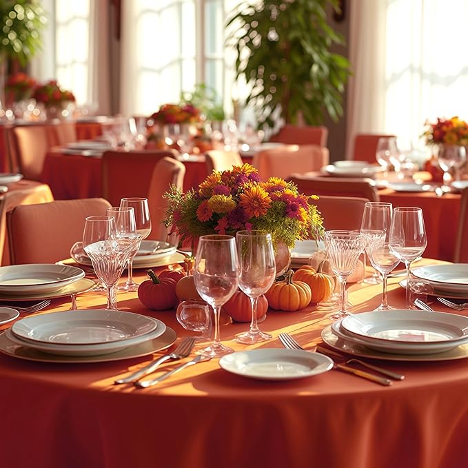 sancua Thanksgiving Round Tablecloth 108 Inch Diameter, 8 Pack Rust Circle Polyester Fabric Fall Table Cloth for Holiday Party Reception, Washable Table Cover Burnt Orange (Fit 42-96 Inch Tables)