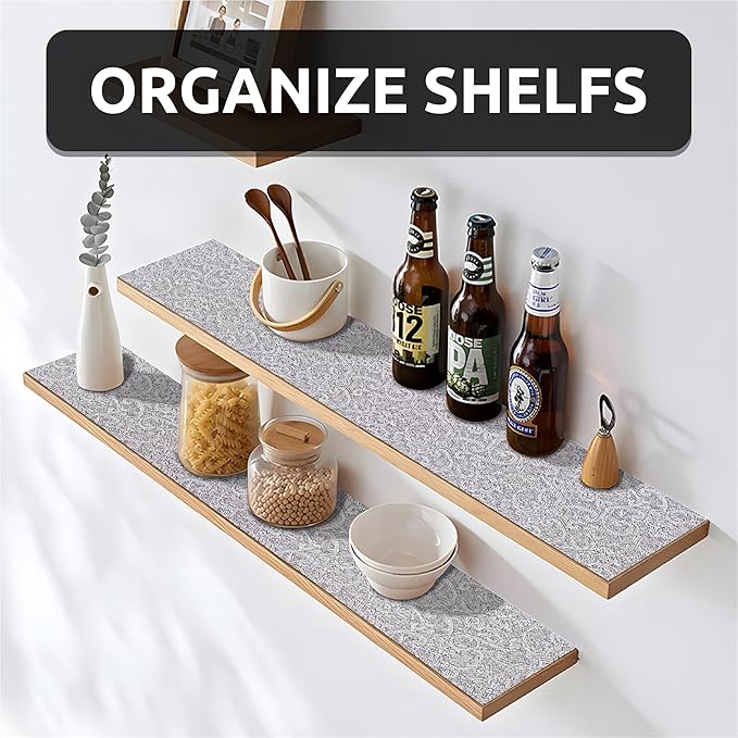 12X120 Inch Shelf Liner with Scissor & Tape Measure for Kitchen Cabinets, PVC Drawer Liner for Dresser Non-Slip Bathroom, Non-Adhesive Cabinet Liner Washable (Black)