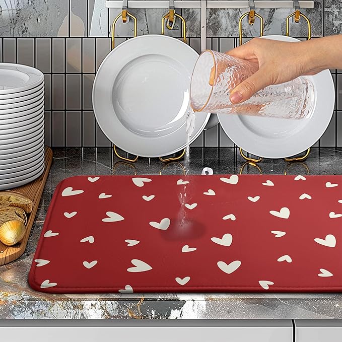 Valentine's Day Love Heart Dish Drying Mat for Kitchen Counter 18x24 Inch Valentine Theme Dish Mats Absorbent Microfiber Dish Draining Mat Reusable Washable Dish Drainer Rack Pad