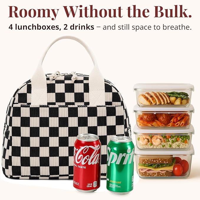 LOVELYWIND Insulated Black Checkered Lunch Bag for Women, Stylish Corduroy Tote with Aluminum Lining, Large Capacity Reusable Cooler for Work, Travel, or Beach, Beige Cream Water-Resistant Lunch Box