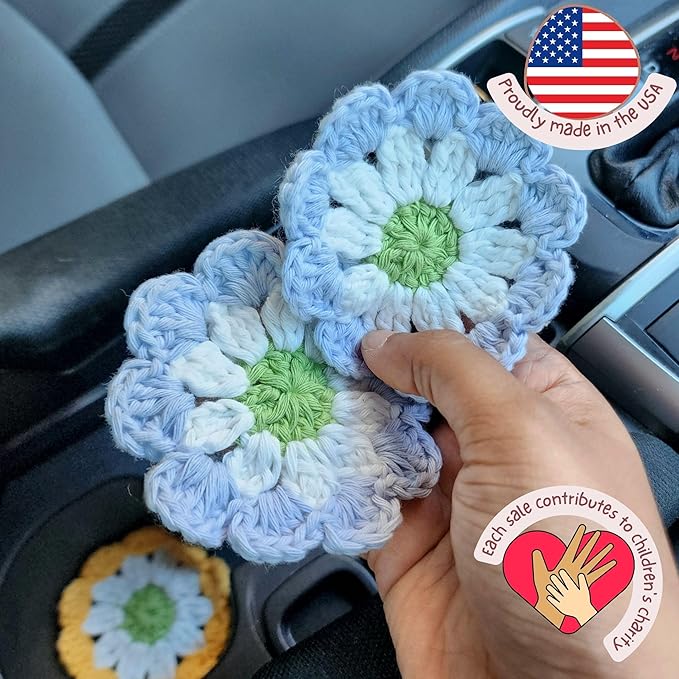Cotton Car Coasters 2pc Car Cup Coasters Cute car Accessories for Women car Coaster for Cup Holders (Misty Bloom)
