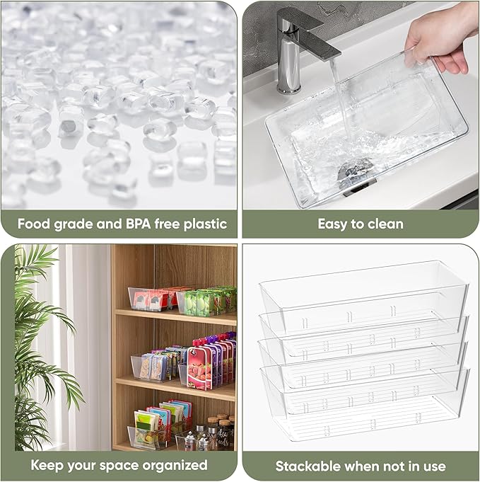 BALEINE Clear Plastic Storage Bins with 3 Removable Dividers, Pantry Organization, BPA Free Stackable Refrigerator Organizers and Storage for Kitchen Fridge Cabinet Bathroom (10.5x6.1x3.5, 2PK)